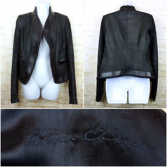 Rick Owen Distress Lamb Leather Jacket Women 6US Black Open Front Goth Y2K FLAWS - Picture 3 of 15